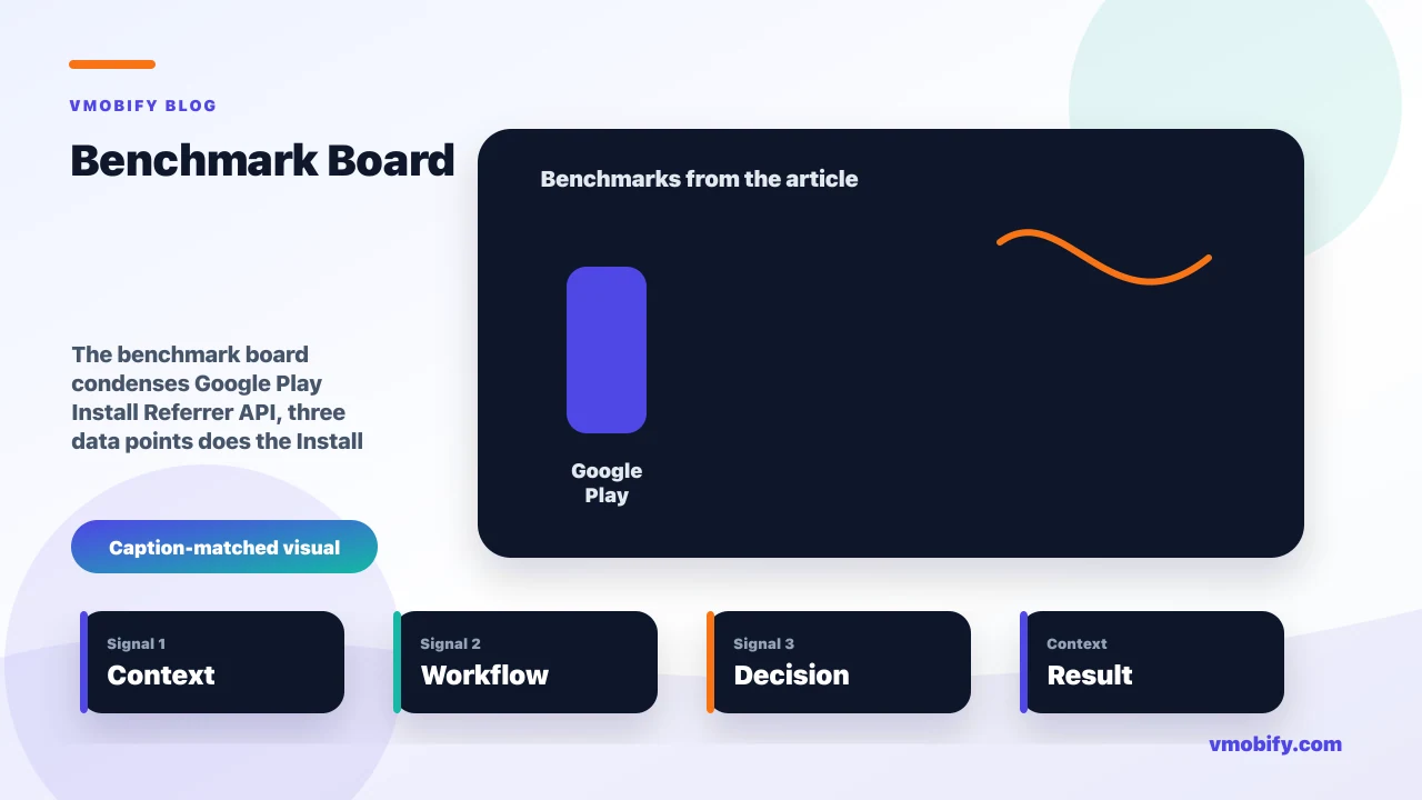 Benchmark board for Google Play Install Referrer: How It Works & Why It Stops Fraud showing Google Play Install Referrer API, three data points does the Install Referrer API return, Install Referrer API attribute an Android install and the article's main decision context.