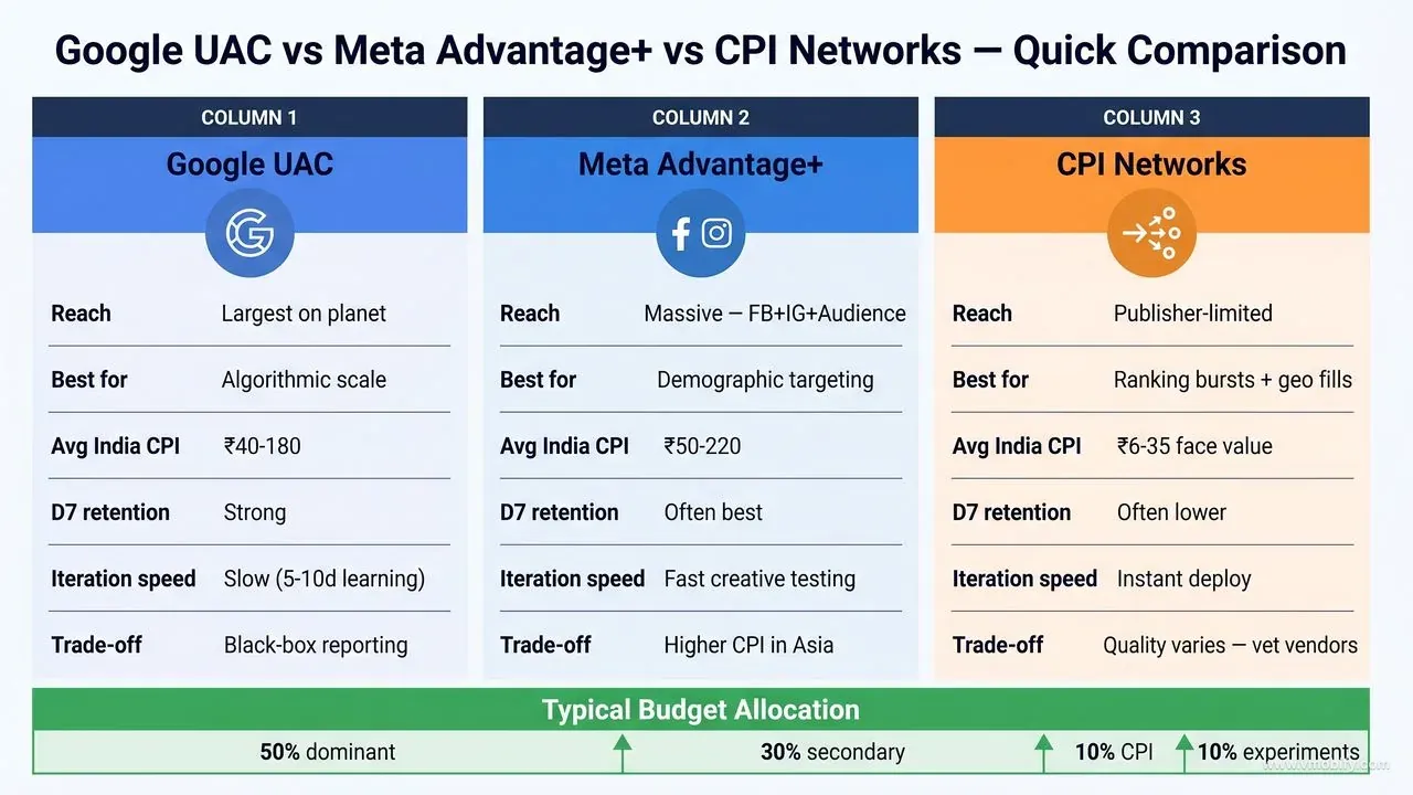 The three channels differ structurally on reach, retention, iteration speed, and risk profile.
