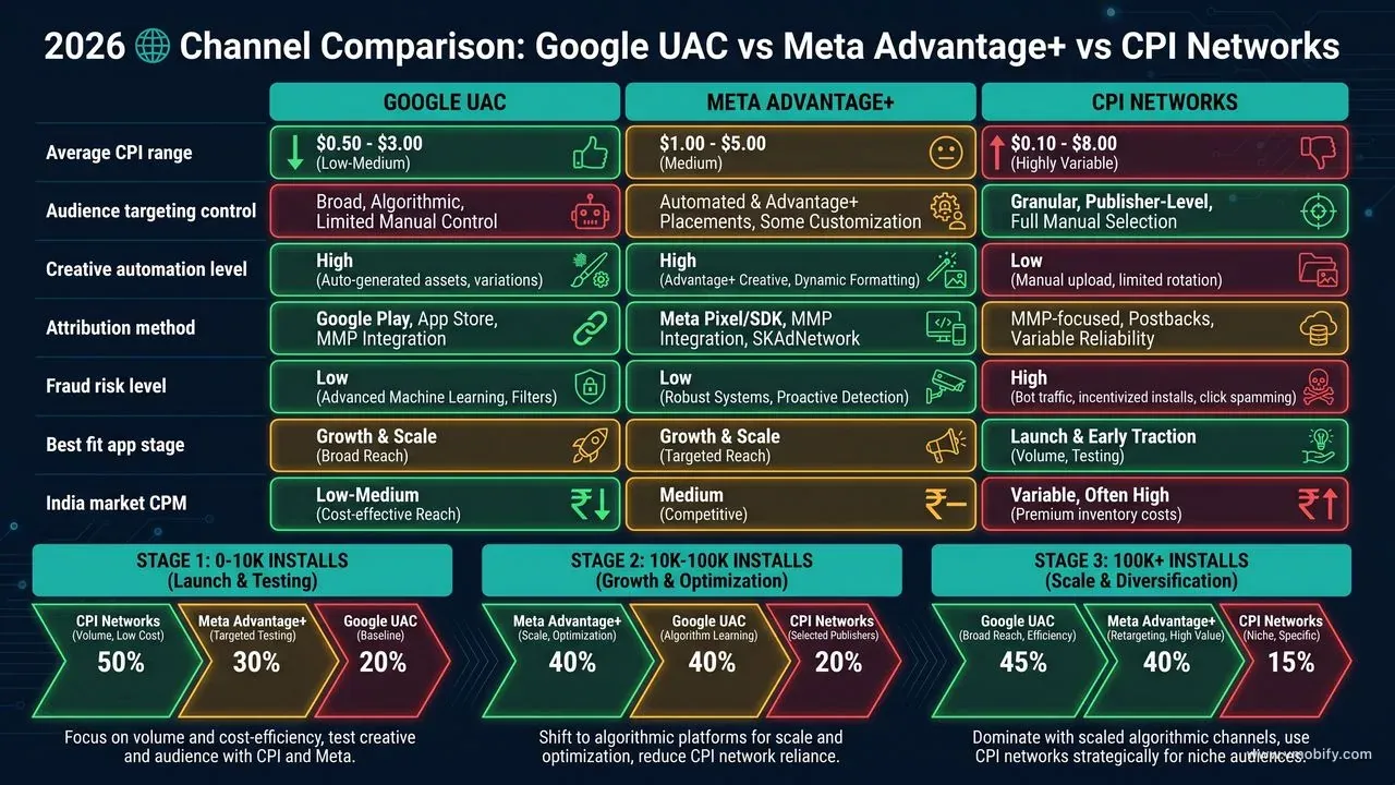 2026 channel comparison infographic: Google UAC vs Meta Advantage+ vs CPI Networks across 7 dimensions plus stage-based channel mix.