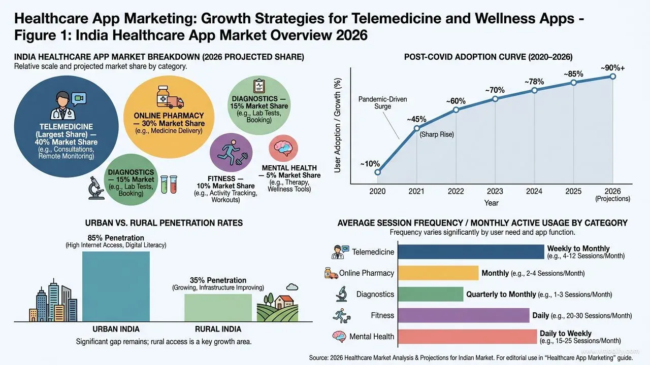 India healthcare app market 2026 — breakdown by category, post-COVID adoption curve, urban vs rural penetration, and session frequency by sub-category