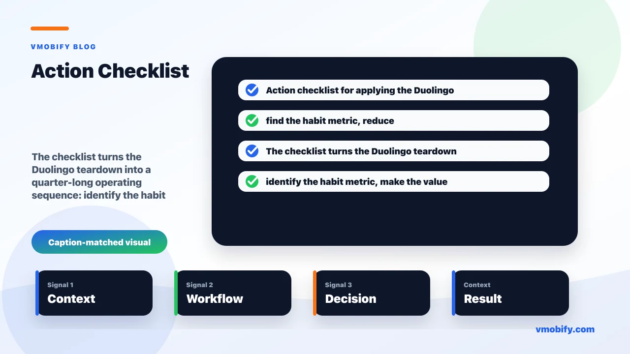 Action checklist for applying the Duolingo retention playbook: find the habit metric, reduce time-to-value, add one progress mechanic, trigger one timely reminder and measure week-four retention.