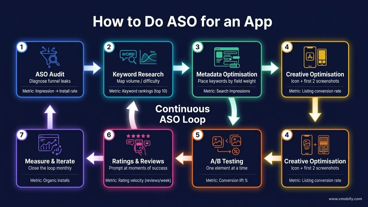 A 7-stage ASO continuous improvement loop diagram: ASO Audit, Keyword Research, Metadata Optimisation, Creative Optimisation, A/B Testing, Ratings and Reviews, Measure and Iterate.