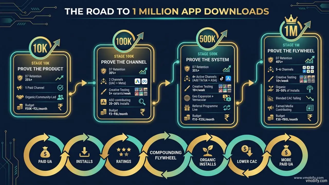 Milestone roadmap from 10K to 100K to 1M downloads showing channel mix evolution, retention benchmarks, creative velocity, geo expansion timing, and organic-to-paid ratio shift at each stage.