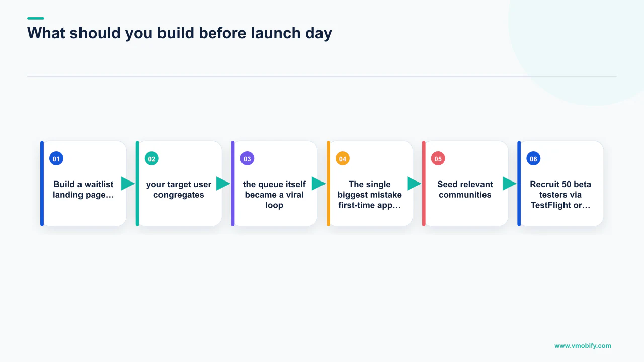 Flow diagram explaining What should you build before launch day?, covering your target user congregates, the queue itself became a viral loop.