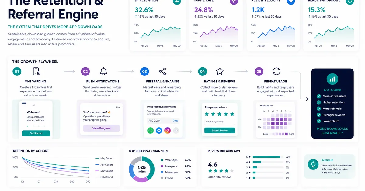 The retention and referral engine that turns downloads into repeat usage, invites, reviews, and lower churn.