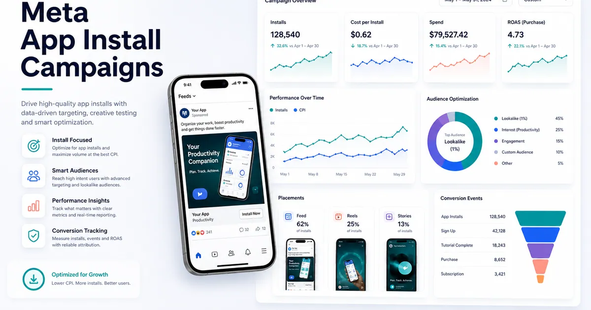 A Meta App Install campaigns dashboard that shows how paid UA contributes to app download growth at scale.