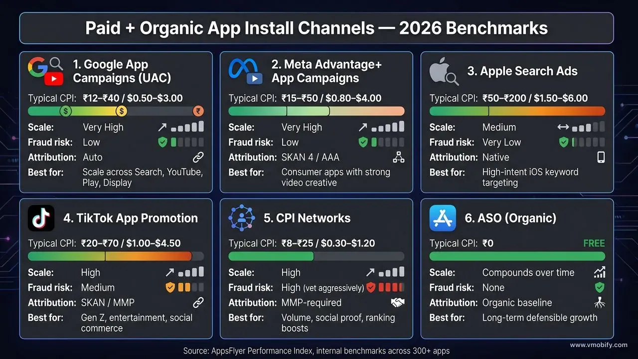 A 2026 channel benchmark dashboard comparing CPI ranges, scale ceiling, fraud risk, attribution, and ideal use cases across Google UAC, Meta Advantage+, Apple Search Ads, TikTok, CPI networks, and ASO.