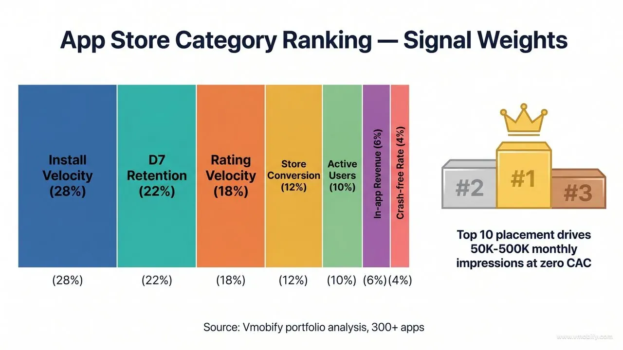 Install velocity, retention, and rating velocity dominate the category ranking signal stack.