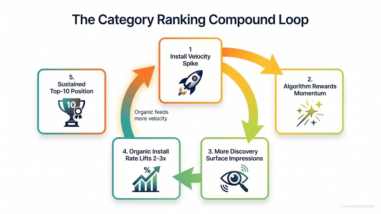 Category rank is a self-reinforcing loop — install velocity earns more discovery, which feeds more installs.