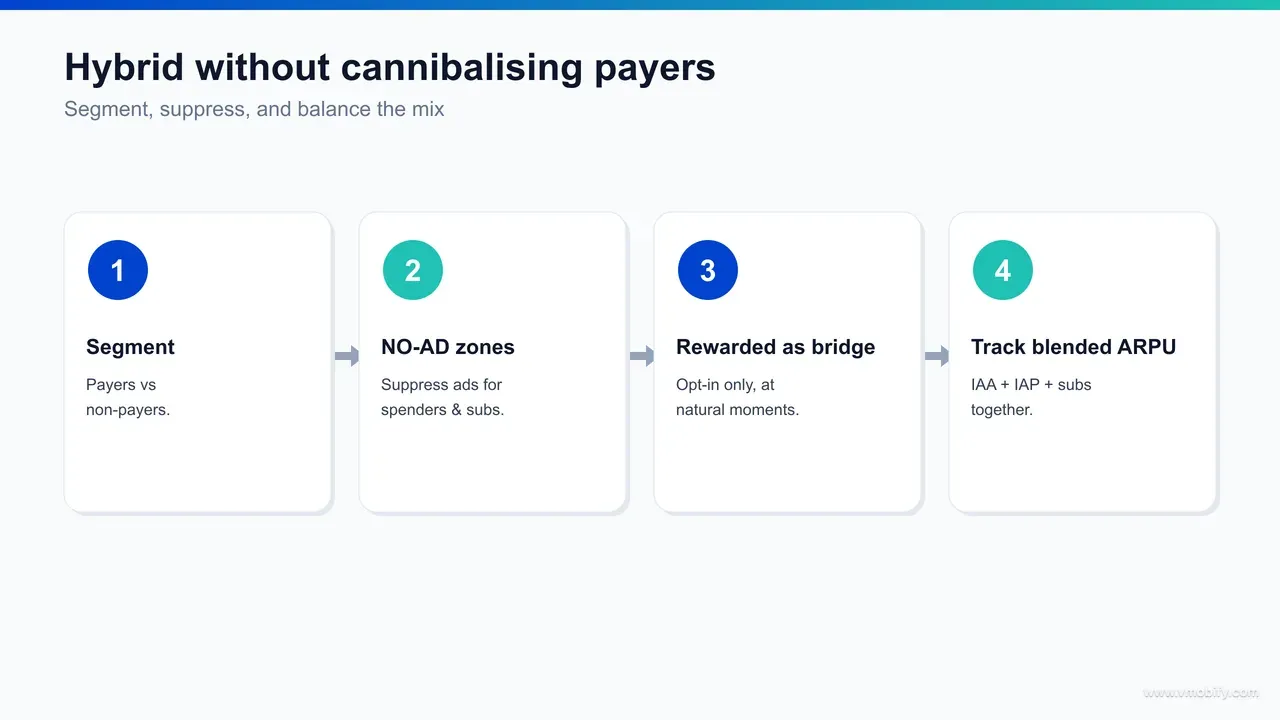 Flow diagram for implementing hybrid monetisation without cannibalising purchases: detect payer status, route non-payers to rewarded ads, keep payer and premium surfaces ad-free, surface IAP at the rewarded cap, and measure everything on blended ARPDAU.