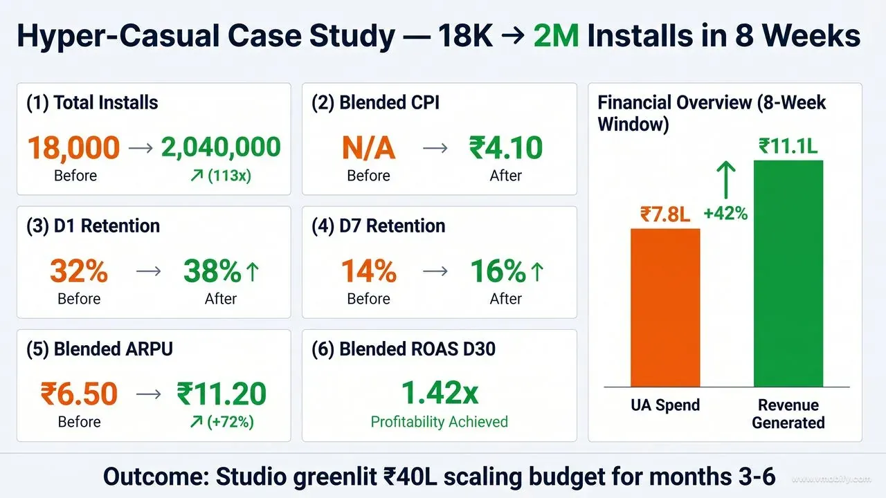18K to 2M installs in 8 weeks at ₹4.10 blended CPI — the dashboard tells the entire story.