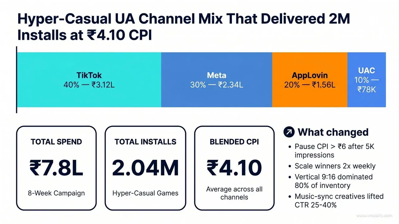 TikTok-heavy channel mix plus monetisation tuning lifted ARPU 72% with no UA spend change.
