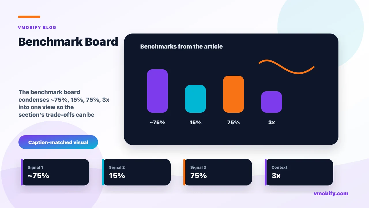 Benchmark board for In-App Messaging vs Push: When Each Wins (With Benchmarks) showing ~75%, 15%, 75%, 3x and the article's main decision context.