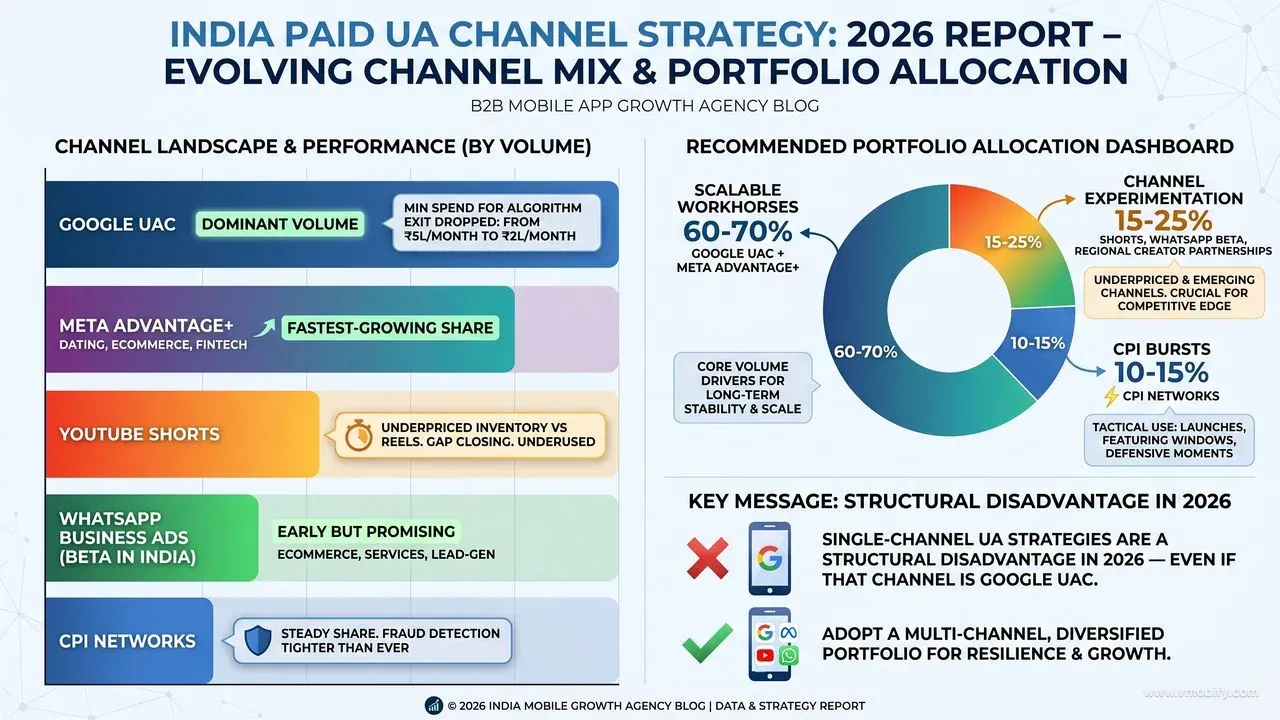 India 2026 UA channel mix: 60–70% in UAC + Meta Advantage+ (scalable workhorses), 15–25% in experimentation (YouTube Shorts, WhatsApp Business beta, regional creators), 10–15% in CPI bursts. Single-channel strategies are structurally disadvantaged.