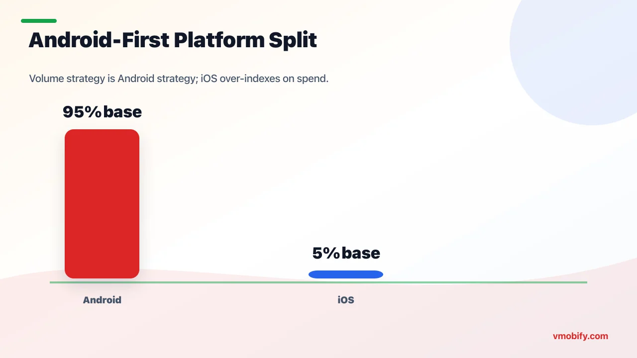 Android-first platform split infographic for India showing roughly 95 percent Android installed base and a small but high-spend iOS tier.