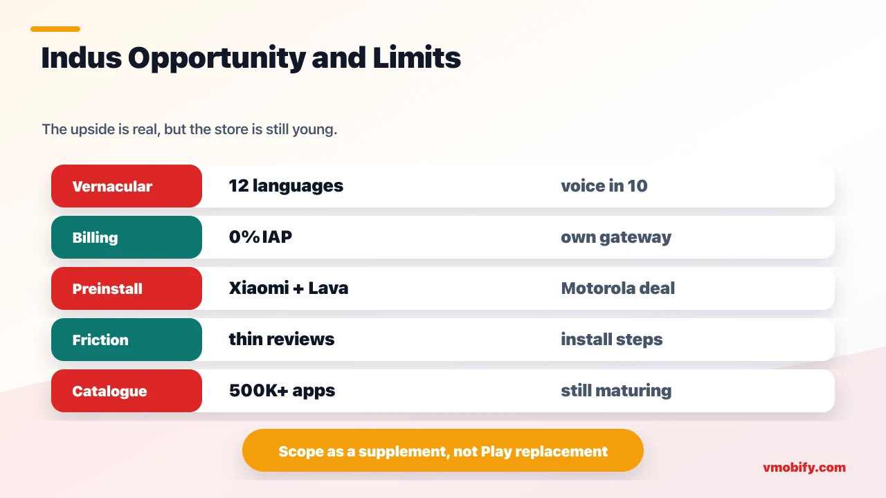 Indus Appstore opportunity and limitations matrix showing 12-language discovery, zero IAP commission, Xiaomi and Lava preinstall reach, install friction, and a maturing 500K-plus app catalogue.