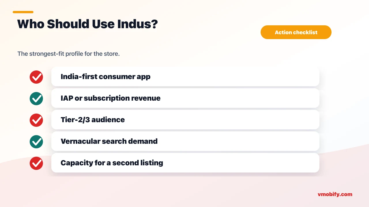 Indus Appstore fit checklist for India-first consumer apps with IAP or subscriptions, Tier-2 and Tier-3 audiences, vernacular demand and second-listing capacity.