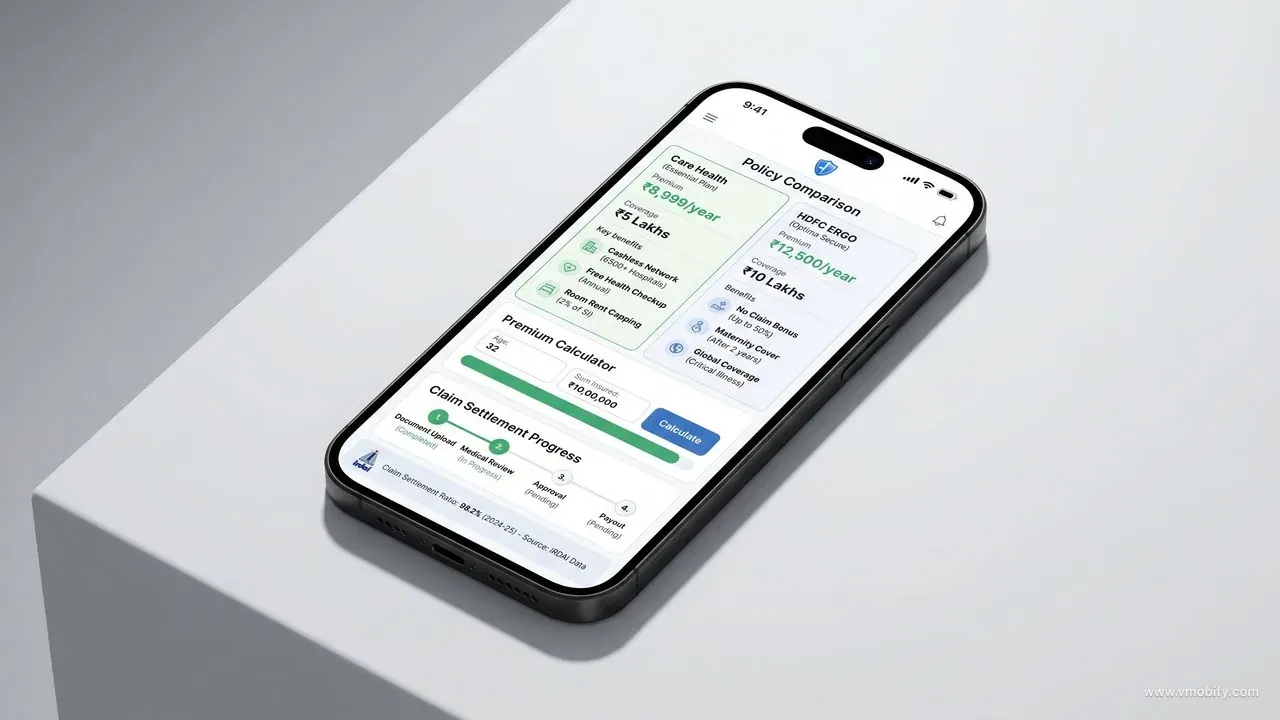 iPhone 15 Pro mockup showing an insurance app with policy comparison screen, premium calculator, and claim settlement process stepper with IRDAI badge