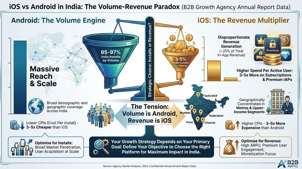 India iOS vs Android split: Android holds 95–97% of installs by volume but iOS generates ~25% of in-app revenue — iOS users in India spend 3–5x more per active user, concentrated in 6 metros and upper-income segments.
