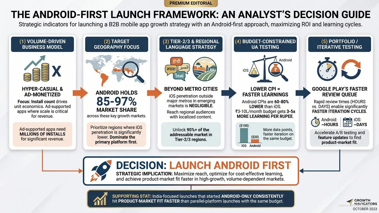 Android-first launch signals: volume-driven model, India/SE Asia/LATAM/MENA geography, Tier-2/3 strategy, budget-constrained UA (60–80% lower CPIs), or iterative portfolio testing — all five point strongly to Android as the right starting platform.
