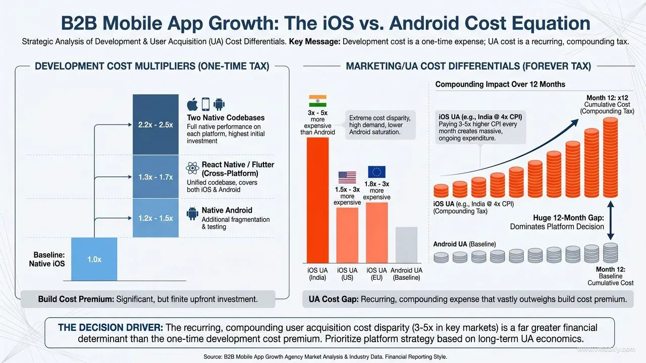 iOS vs Android cost comparison: dev cost is a one-time tax (iOS 1.0x, Android 1.2–1.5x, cross-platform 1.3–1.7x) but UA cost is a recurring tax (iOS CPI runs 1.5–5x higher than Android by geography) — the UA gap dominates the platform decision.