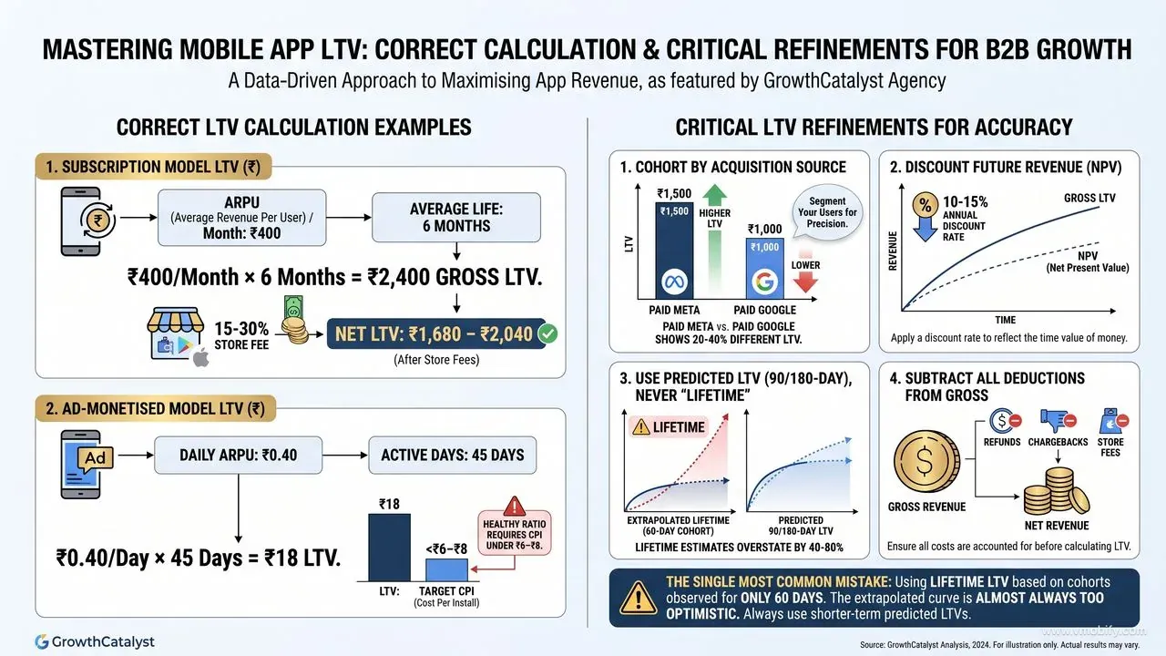 LTV calculation with four critical refinements: cohort by acquisition source, discount future revenue at 10–15%, use 90/180-day predicted LTV not lifetime (lifetime estimates overstate by 40–80%), and subtract refunds plus store fees from gross revenue before any ratio decision.