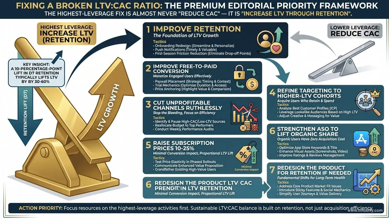 Fixing a broken LTV:CAC ratio — priority order: retention first (10pp lift in D7 retention lifts LTV 30–60%), then free-to-paid conversion, then cut unprofitable channels, then targeting refinement, then price increase, then ASO for organic share. Retention is ~3x more leverage than CAC reduction.