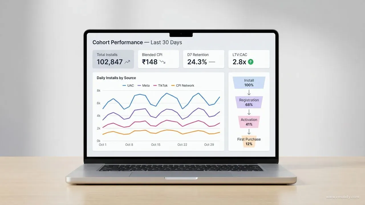 A real MMP dashboard surfaces cohort performance, channel attribution, and the install-to-purchase funnel.