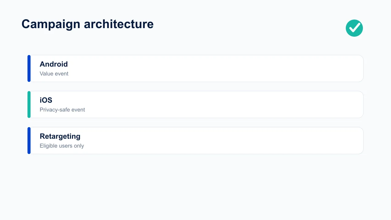 Meta campaign architecture separating Android, iOS, value optimisation, and retargeting.