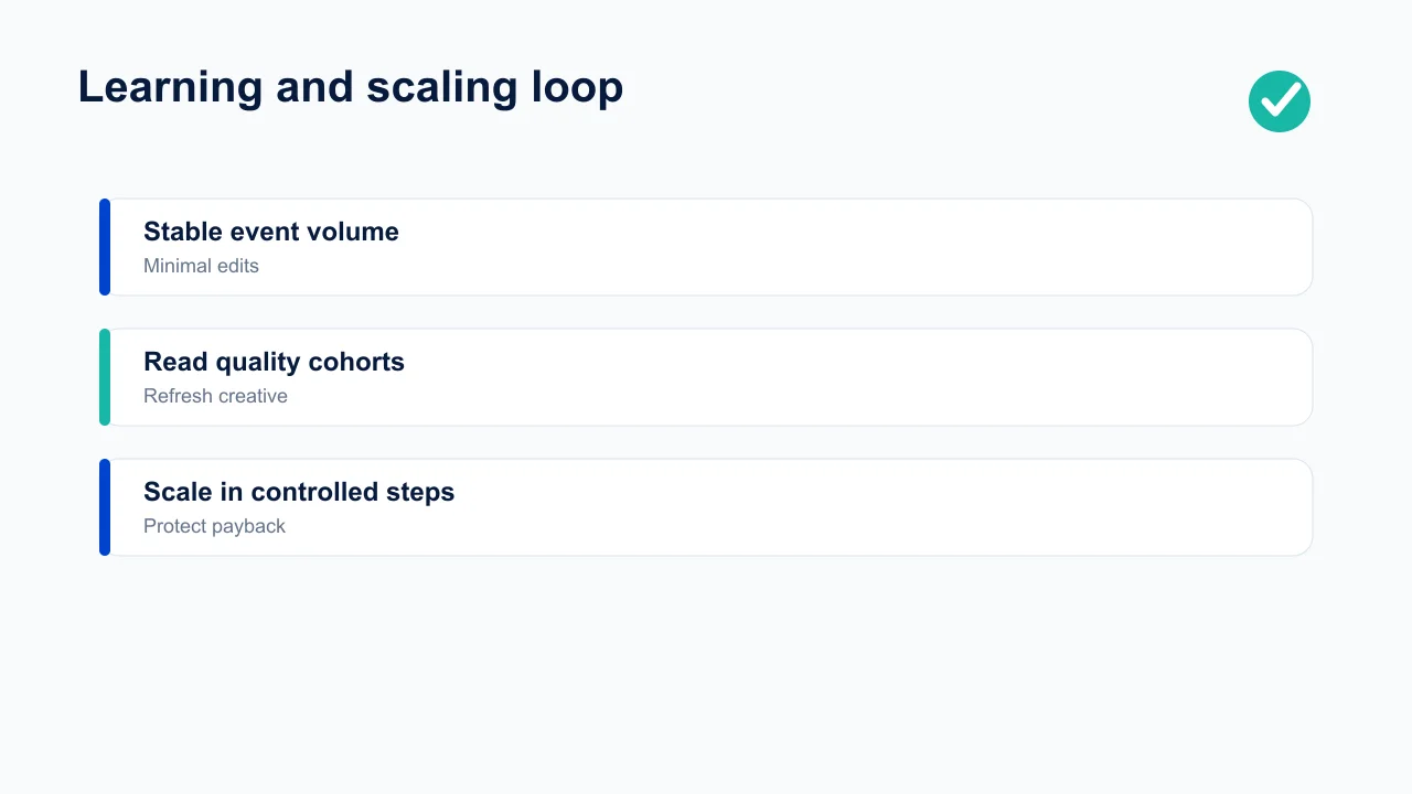 Meta learning and scaling loop based on stable events, cohort quality, creative refresh, and controlled budget steps.