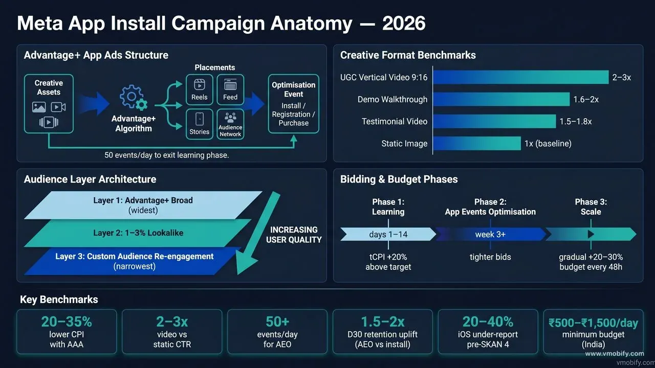 Meta app install campaign anatomy showing Advantage+ structure, creative formats, audience layers, and bidding options with benchmark numbers.