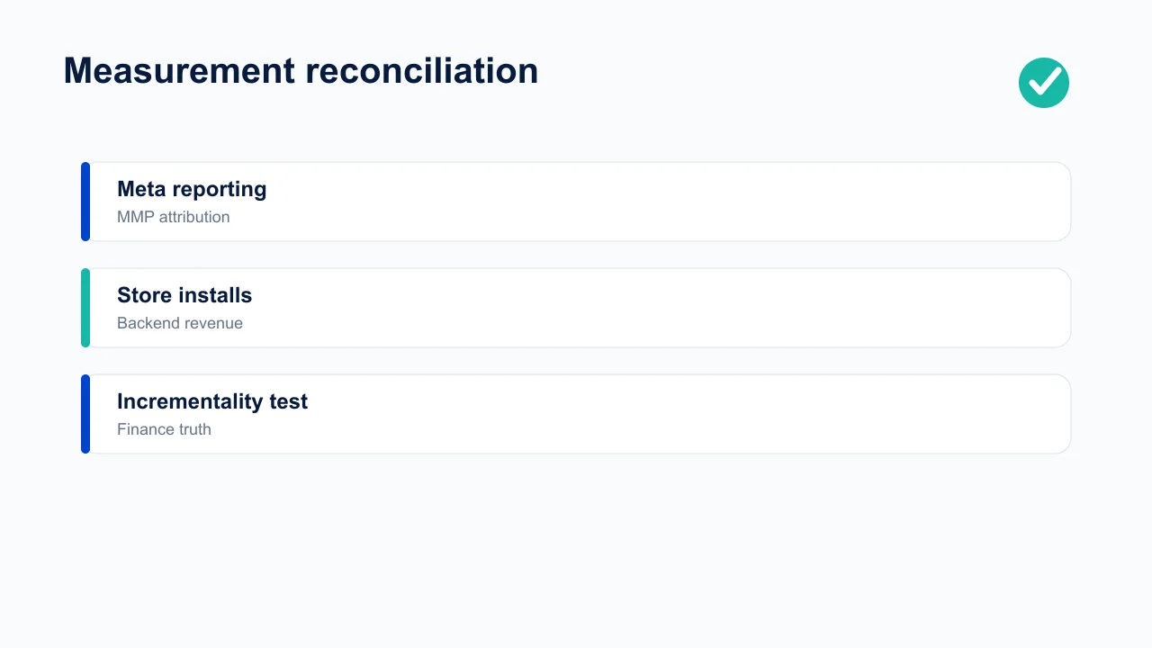 Measurement reconciliation across Meta reports, MMP attribution, store installs, backend revenue, and incrementality.
