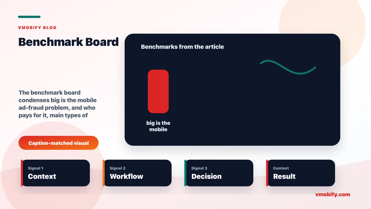 Benchmark board for Mobile Ad Fraud in 2026: Types, Detection & Prevention showing big is the mobile ad-fraud problem, and who pays for it, main types of mobile ad fraud, each fraud type steal credit and budget and the article's main decision context.