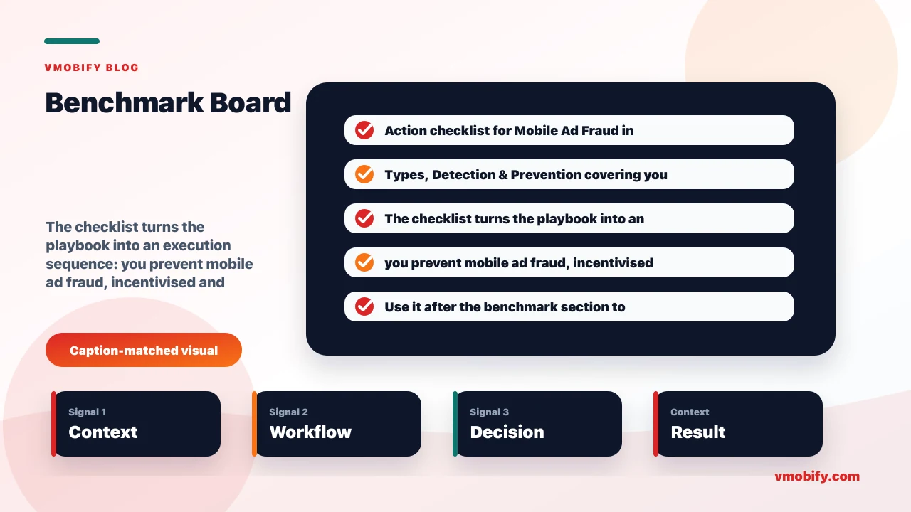Action checklist for Mobile Ad Fraud in 2026: Types, Detection & Prevention covering you prevent mobile ad fraud, incentivised and emerging-market traffic higher risk, you audit a campaign you suspect is fraudulent.
