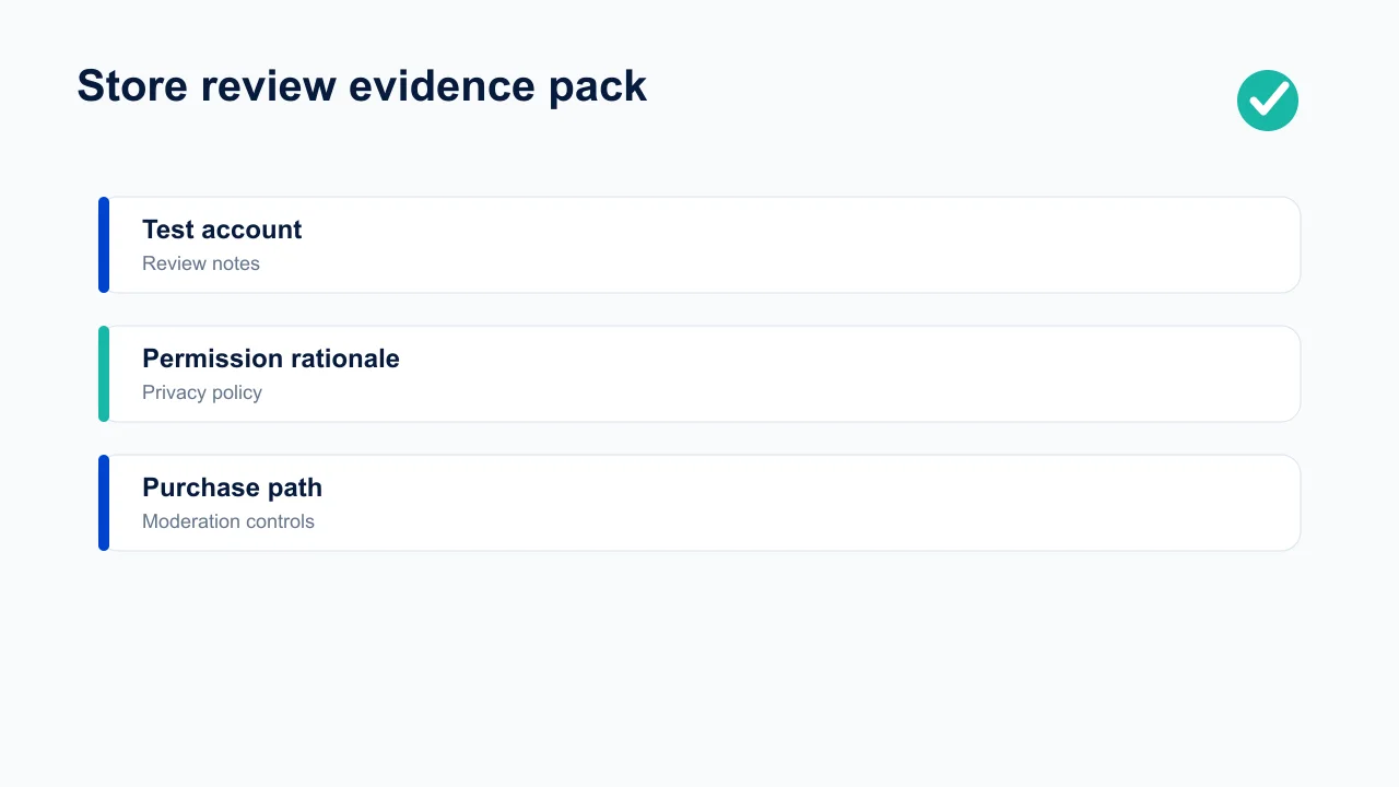 Store review evidence pack containing test account, review notes, permissions, privacy, purchases, and moderation controls.