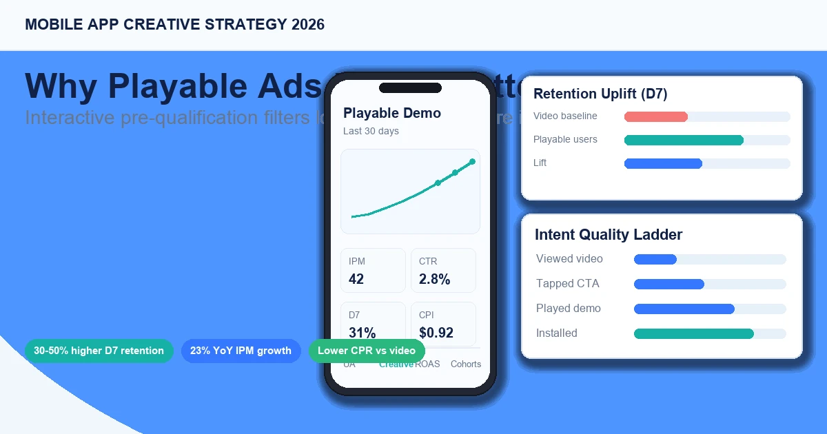 Playable ads pre-qualify users through interactive experience before install, driving 30–50% higher D7 retention.