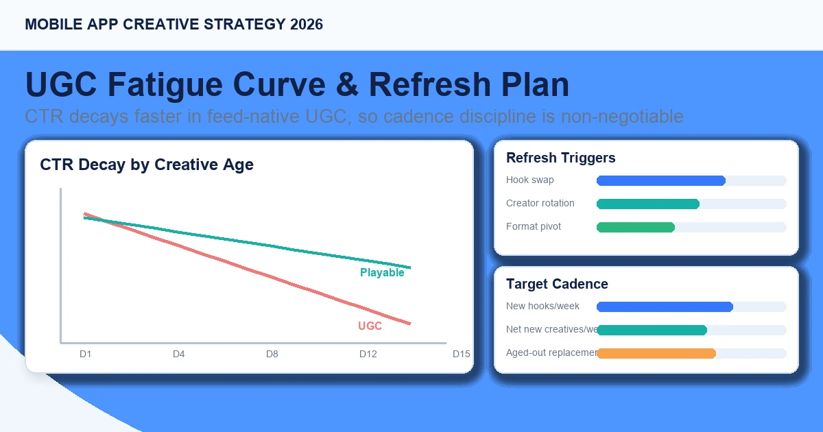 UGC creative fatigue curve showing 30% CTR decline at day 7.6 versus day 15.4 for playables.
