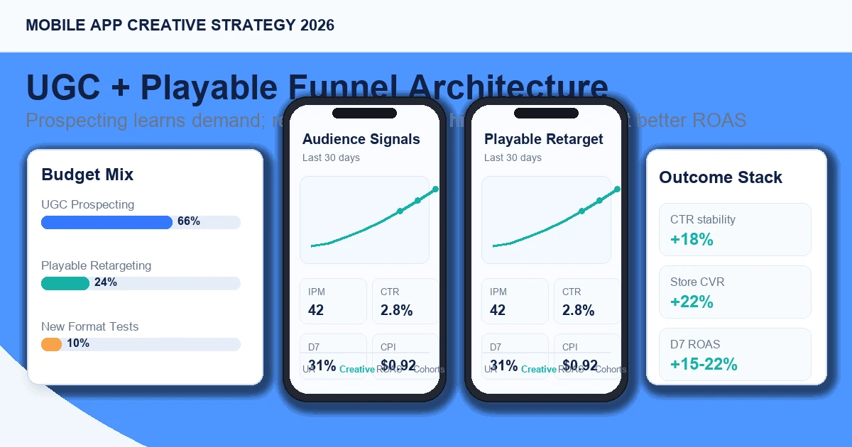 UGC prospecting feeds audience signals into playable retargeting — the combined funnel delivers 15–22% better D7 ROAS than either format alone.