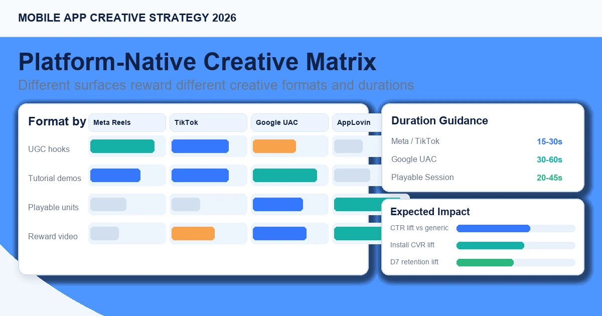 Platform-native creative architecture: UGC on social feed surfaces, playable formats on gaming inventory, and channel-specific adaptation across Meta, TikTok, Google UAC, and AppLovin.