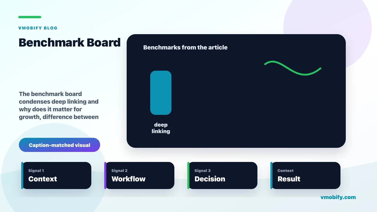 Benchmark board for Deep Linking & Deferred Deep Linking: A Practical Setup Guide showing deep linking and why does it matter for growth, difference between direct and deferred deep linking, happened to custom URI schemes and the article's main decision context.