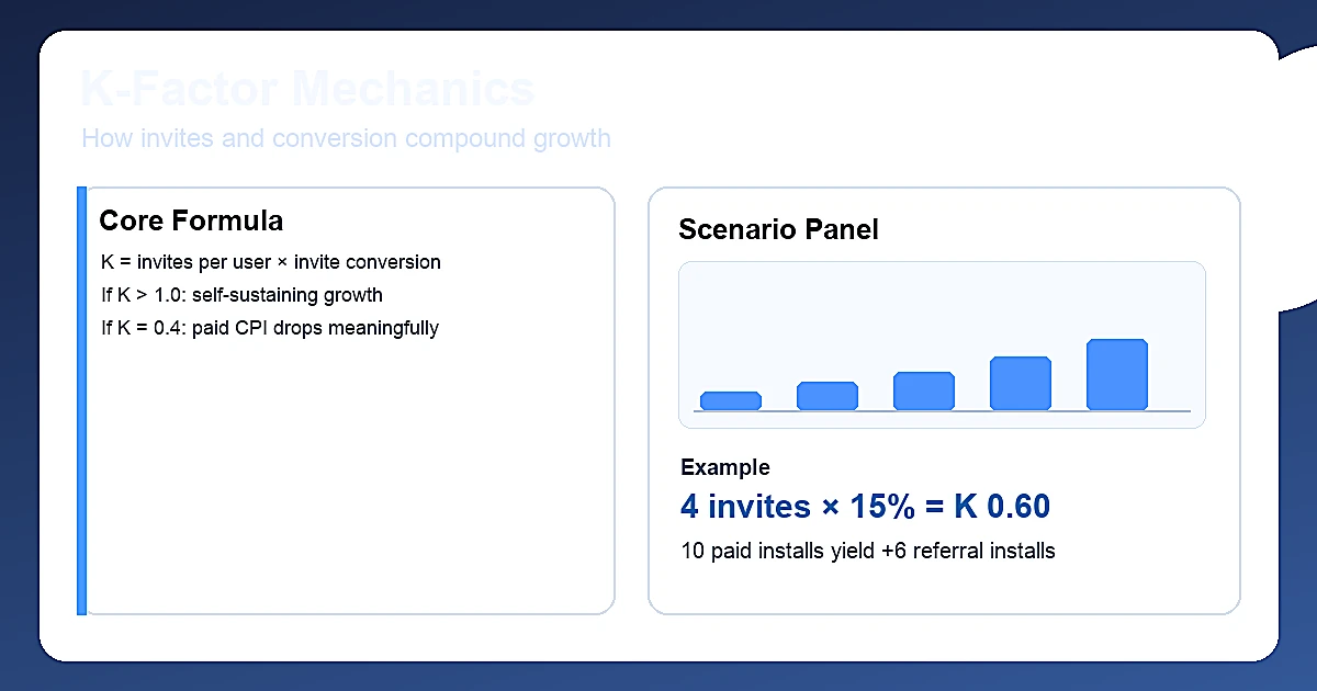 K-factor formula: K = invites sent per user × invite conversion rate. K above 1.0 produces exponential growth.
