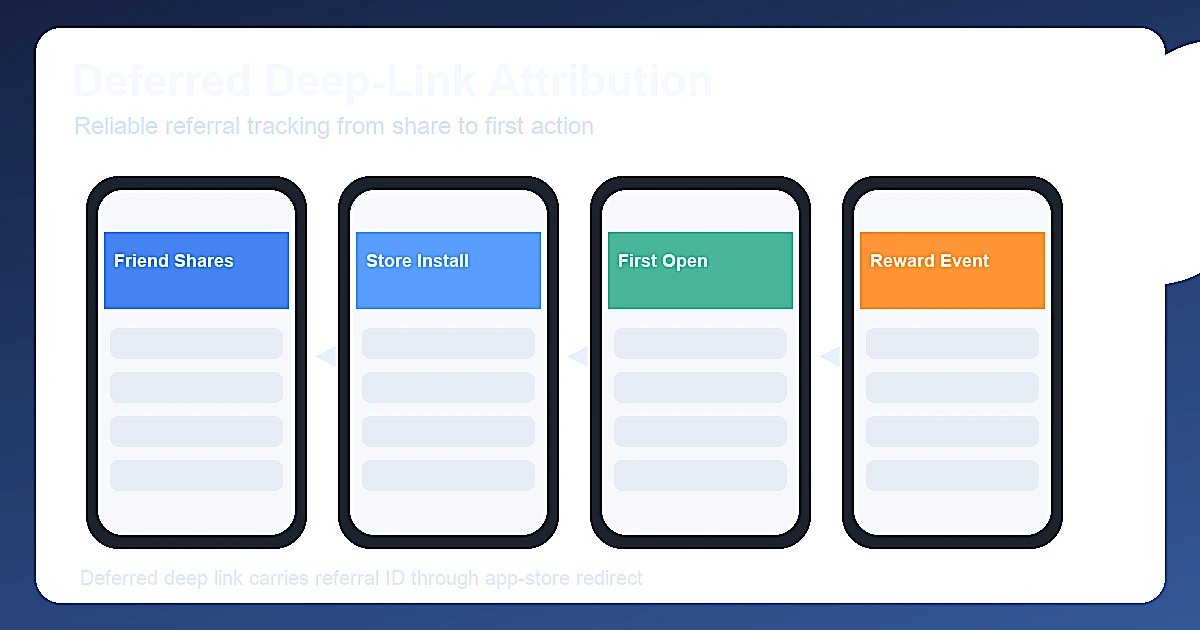 Deferred deep links encode referrer identity through the App Store install journey, enabling accurate post-install attribution.