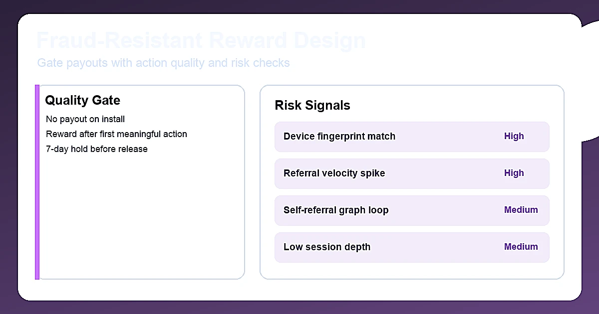 Referral fraud prevention stack showing qualifying action gating, payout hold periods, and device or velocity checks to block fake referrals without adding user friction.