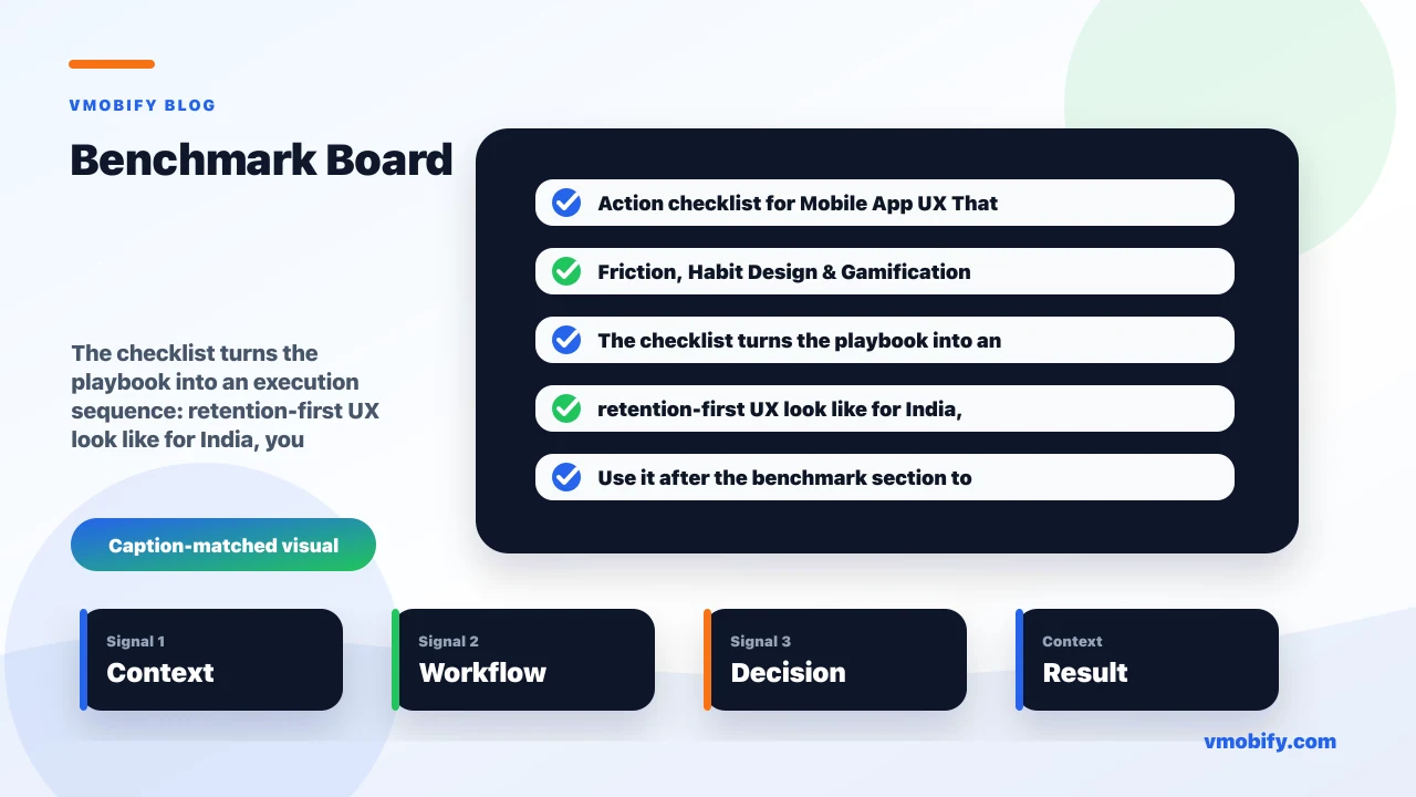 Action checklist for Mobile App UX That Retains: Friction, Habit Design & Gamification covering retention-first UX look like for India, you test UX changes against retention rather than opinion, gamification mechanics retain, and when do they backfire.