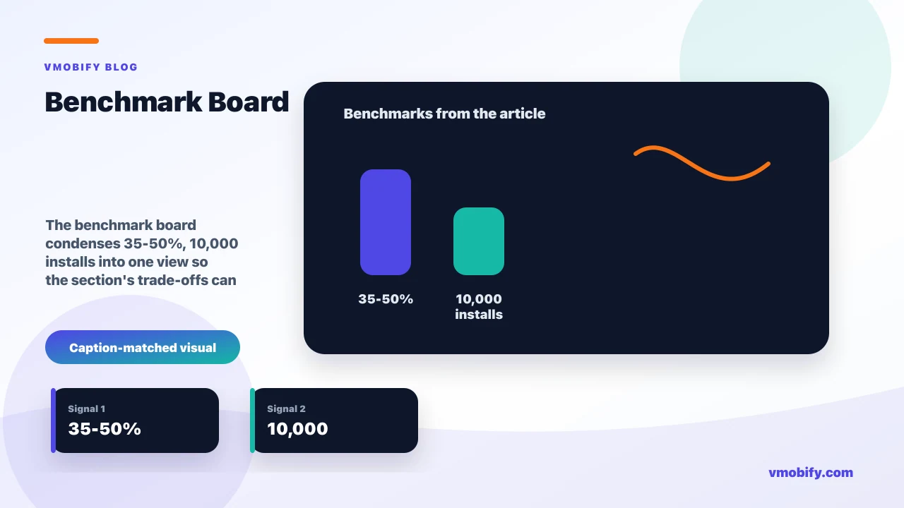 Benchmark board for Mobile Attribution Explained: How It Works & How to Set It Up showing 35-50%, 10,000 installs and the article's main decision context.
