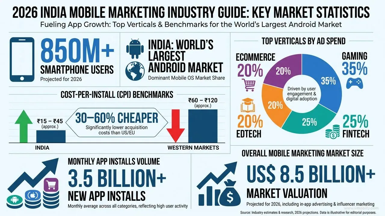 India 2026 mobile marketing benchmarks infographic showing 850M+ smartphone users, CPI 30–60% cheaper than Western markets, and top verticals by ad spend including gaming, fintech, edtech, and ecommerce