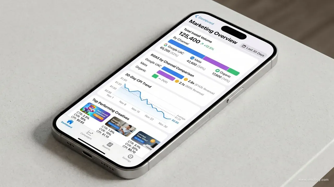 iPhone 15 showing a mobile marketing performance dashboard with install volume by channel, ROAS comparison across Google UAC, Meta and organic, CPI trend chart, and top performing ad creatives