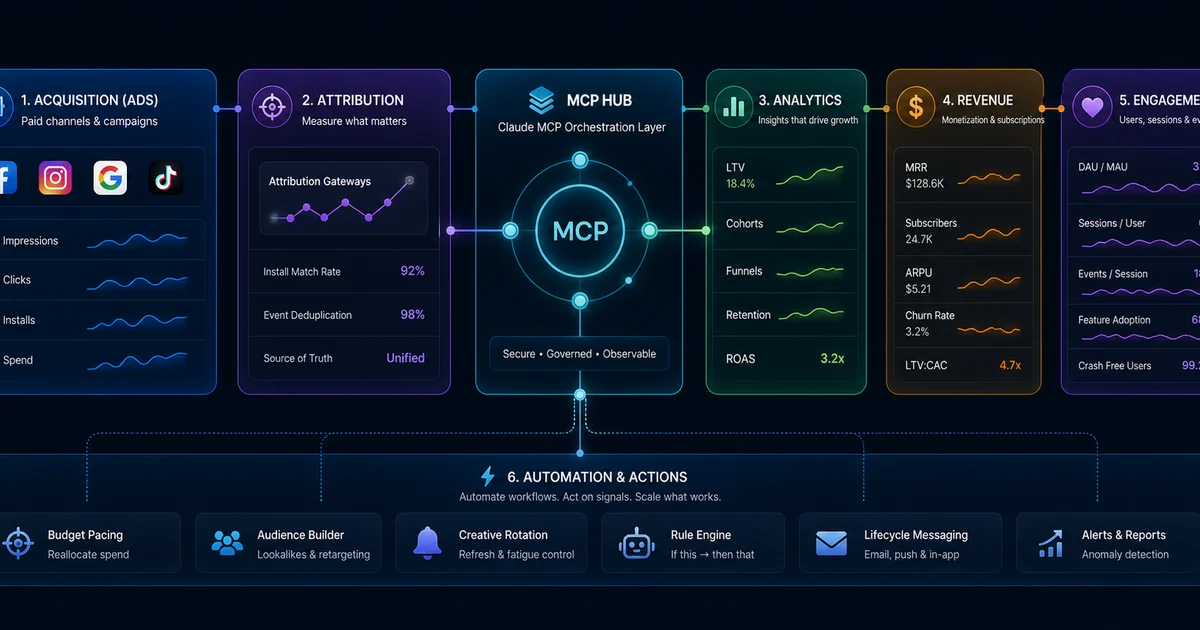 The MCP marketing stack connected: AppsFlyer attribution, Mixpanel cohorts, RevenueCat revenue, and Meta Ads in one Claude session