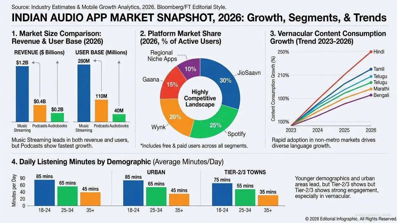 Indian audio app market 2026 infographic showing music streaming, podcast, and audiobook market sizes, platform share among Spotify, JioSaavn, Wynk and Gaana, vernacular language content growth by language, and daily listening minutes by demographic