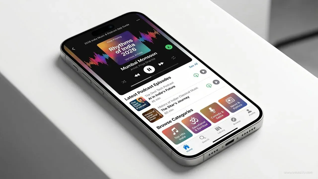 iPhone 15 mockup showing a music and podcast app with browse categories including Bollywood Hits, Devotional, Indie Pods and Global Top 50, podcast episode list with download indicators, and a now-playing bar at the bottom